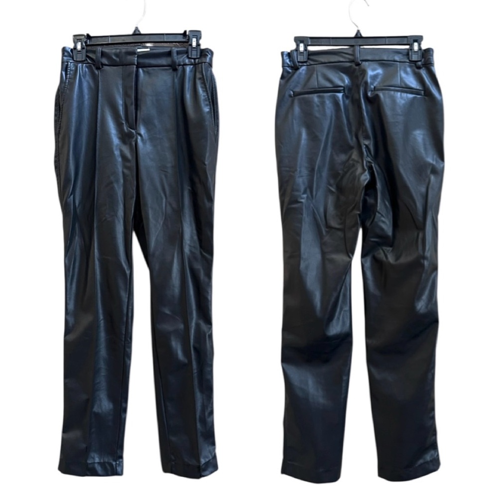 H&M Black Vegan Leather Trousers Coated Pants Faux Straight Leg Women's 6 - Picture 3 of 13